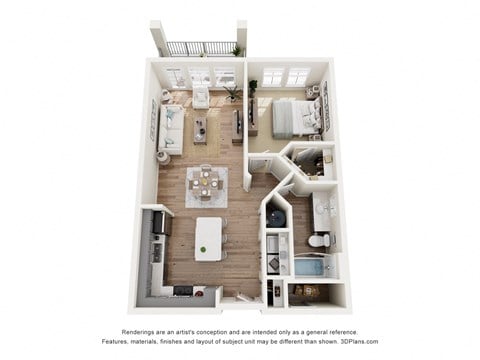 Floor plan for 1 bed, 1 bath, 877 sqft